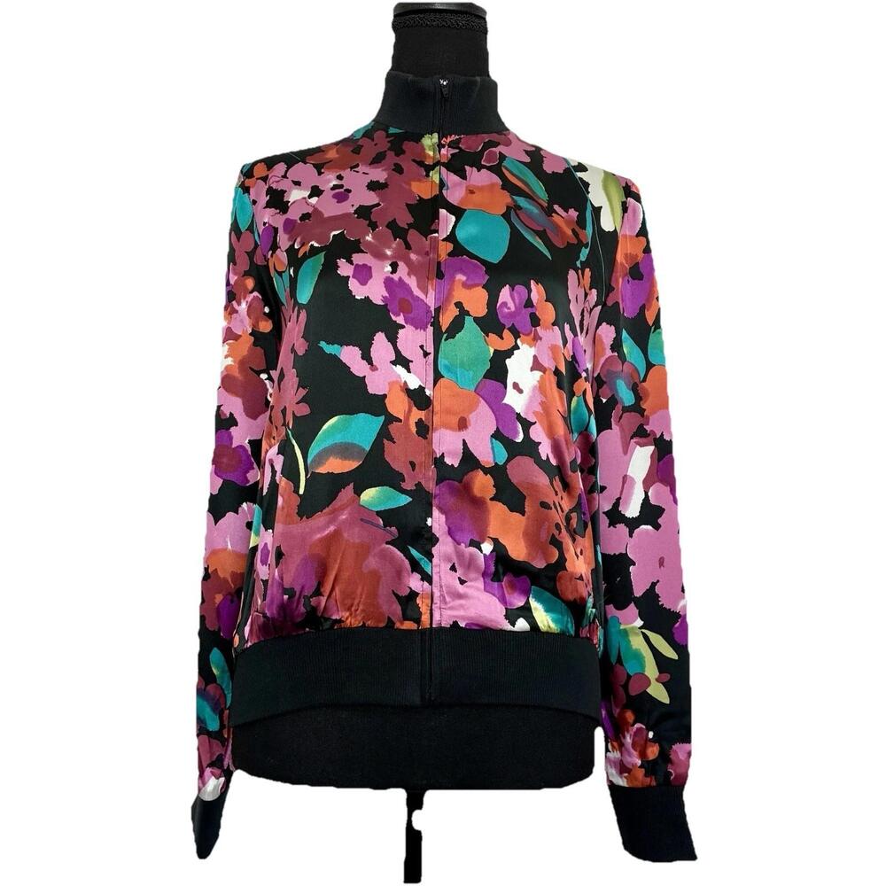 Spenser Jeremy Silk Floral Bomber Jacket Zip Front Size Small Turtleneck Y2K